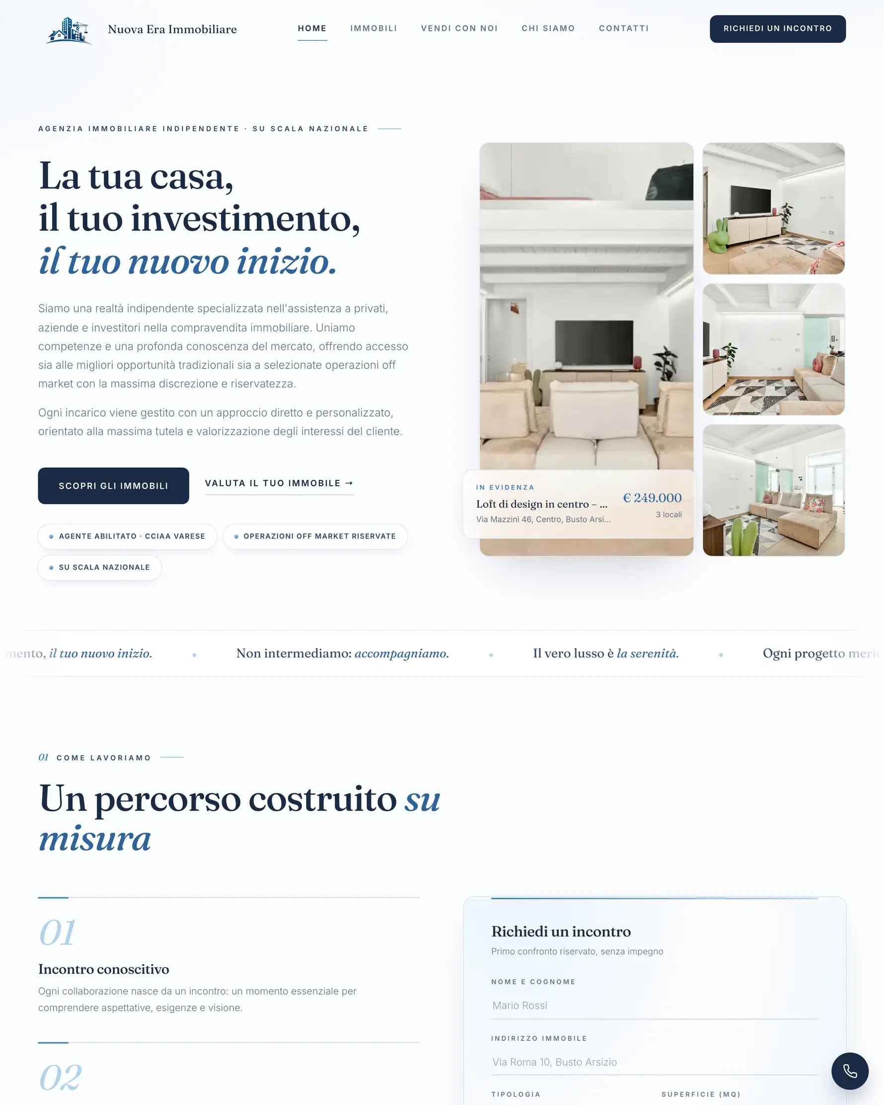 La home di Nuova Era Immobiliare: blu notte, «La tua casa, il tuo investimento, il tuo nuovo inizio» e gli immobili in mosaico.